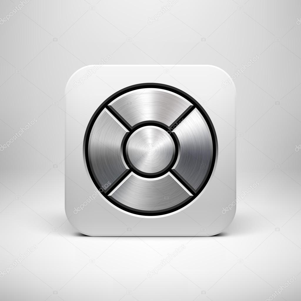 White abstract technology app icon, button template with circle perforated speaker, metal texture, stainless steel, chrome, silver, realistic shadow and light background for user interfaces, UI, applications, apps, and presentations.