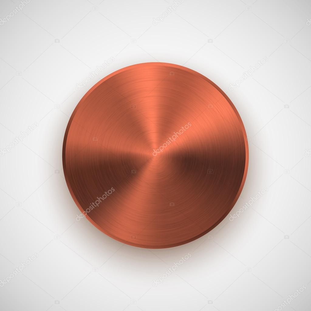 Bronze abstract technology circle badge, blank button template with metal texture, chrome, silver, steel, realistic shadow and light background for user interfaces, UI, applications and apps. Vector.
