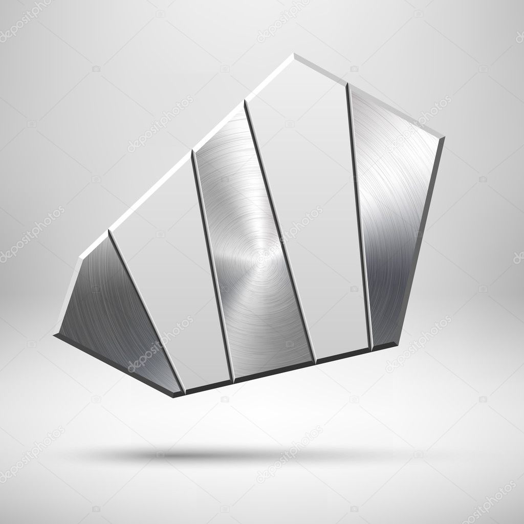 Abstract geometric badge, blank button template with metal texture, chrome, silver, steel, realistic shadow and light background for user interfaces, UI, applications and apps. Vector illustration.