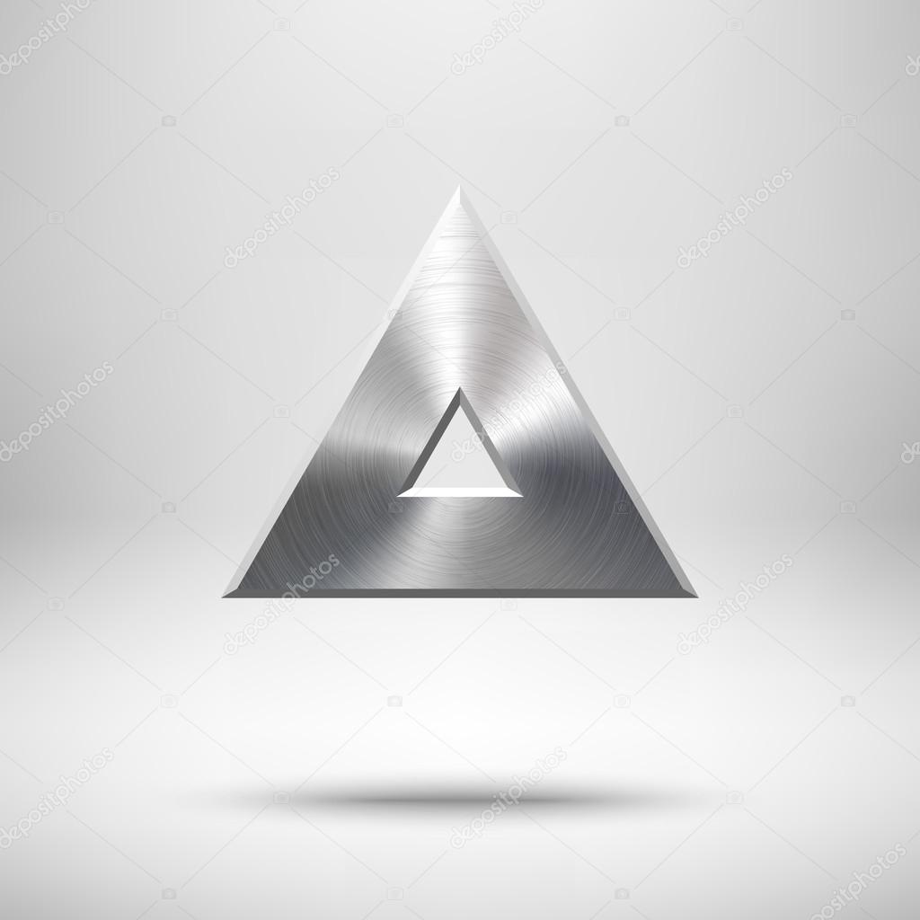Abstract triangle badge, blank button template with metal texture (chrome, silver, steel), realistic shadow and light background for web user interfaces, UI, applications and apps. Vector illustration