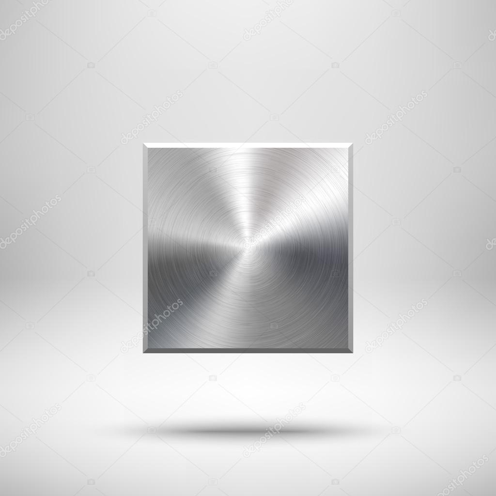 Abstract square badge, blank button template with metal texture (chrome, silver, steel), realistic shadow and light background for web user interfaces, UI, applications and apps. Vector illustration.