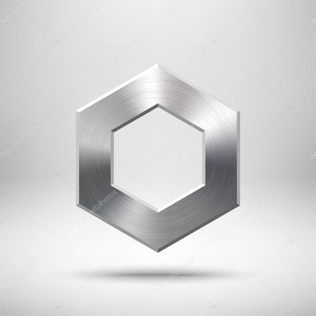 Abstract polygon, hex badge, blank button template with metal texture (chrome, silver, steel), realistic shadow and light background for user interfaces, UI, applications and apps. Vector illustration