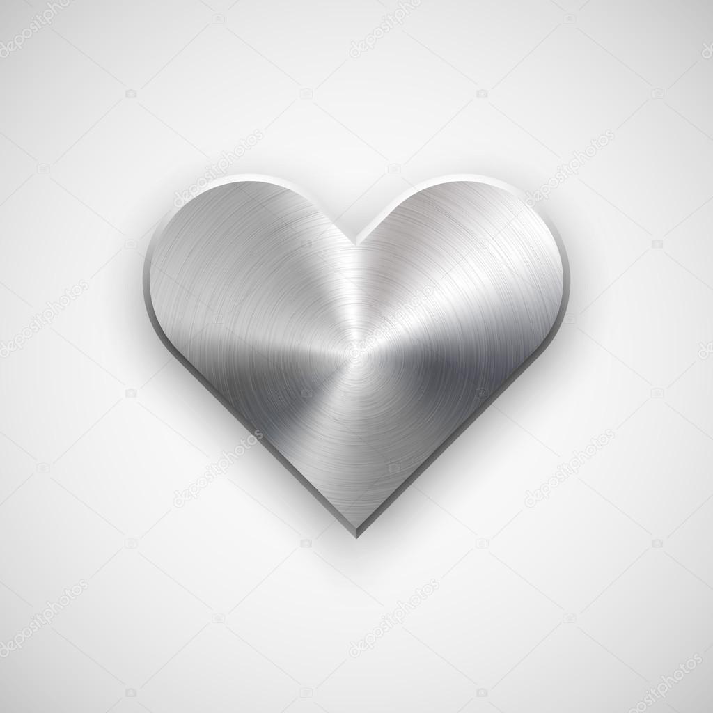 Abstract Valentine's heart sign, blank button template with metal texture (chrome, steel, silver), realistic shadow and light background for user interfaces, UI and applications, apps.