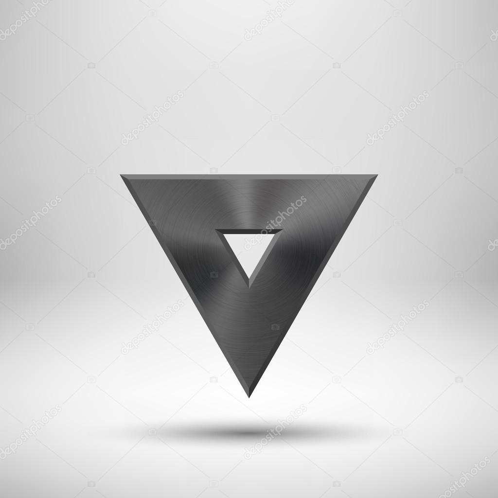 Black abstract triangle badge, technology blank button template with metal texture (chrome, steel), realistic shadow and light background for interfaces, UI, applications, apps. Vector illustration.