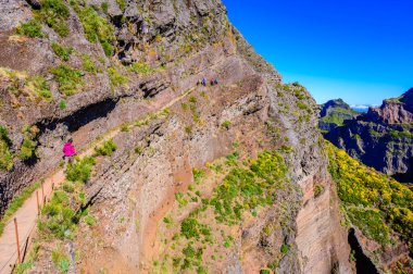 Pico do Arieiro 'dan Pico Ruivo, Madeira Adası' na güzel yürüyüş parkurları. Patika PR1 - Vereda do Areeiro. Bulutların üstündeki yaz gününde. Portekiz.