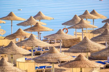 Cennet kumsalında dinlenmek - Şezlonglar ve şemsiyeler - seyahat yeri Hurghada, Mısır