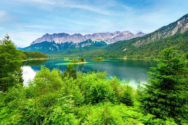 Zugspitze山とEibsee湖の真ん中に松の木がある小さな島 パラダイスビーチとドイツアルプス バイエルン ドイツ ヨーロッパの澄んだ青い水と美しい風景 — ストック写真