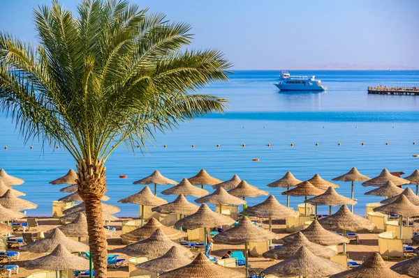 Relaxen Paradiesstrand Liegestühle Und Sonnenschirme Reiseziel Hurghada Ägypten — Stockfoto