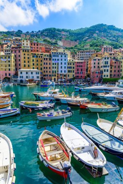 Camogli town in Liguria, Italy. Scenic Mediterranean riviera coast. Historical Old Town Camogli with colorful houses and sand beach at beautiful coast of Italy. clipart