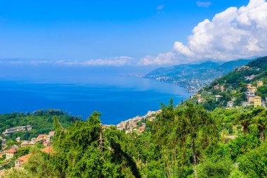 İtalya 'nın Liguria kentindeki Camogli kasabası. Manzaralı Akdeniz Riviera Sahili. Renkli evleri ve İtalya 'nın güzel sahillerinde kumsalları olan tarihi Camogli Kasabası..
