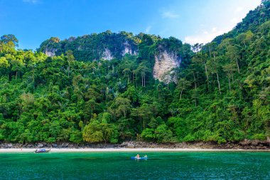 Monkey beach in paradise Bay - about 5 minutes boat ride from Loh Dalum Beach - Koh Phi Phi Don Island at Krabi, Thailand - Tropical travel destination clipart
