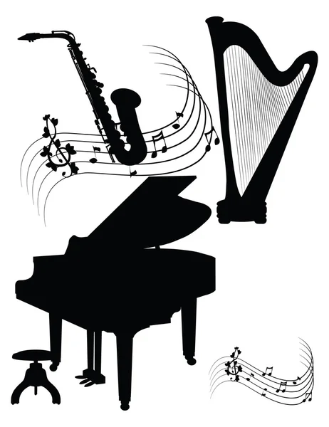 Силуети - фортепіанна арфа - саксофон — стоковий вектор
