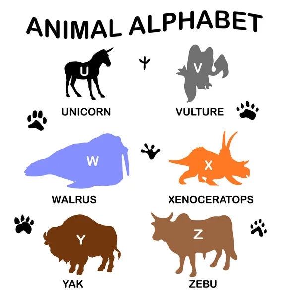 Siluetas de animales - alfabeto — Vector de stock