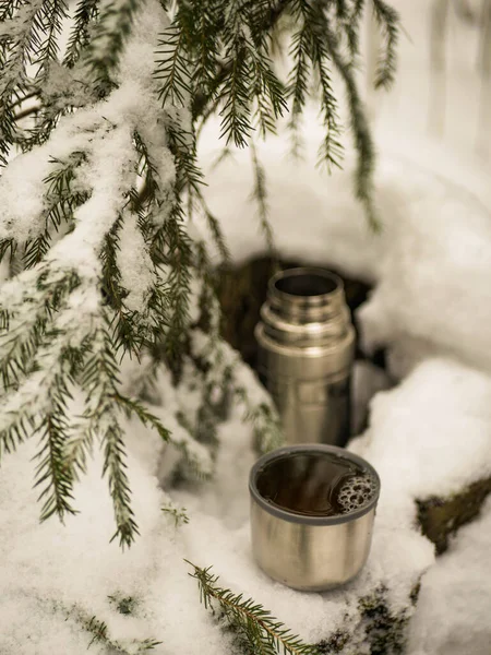 Termos Med Varmt Bakgrunden Vinter Snöig Skog — Stockfoto