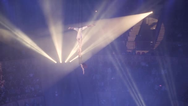 Acrobatas Aéreos Sobre Arena Circo Performance Circo Arena Com Espectadores — Vídeo de Stock