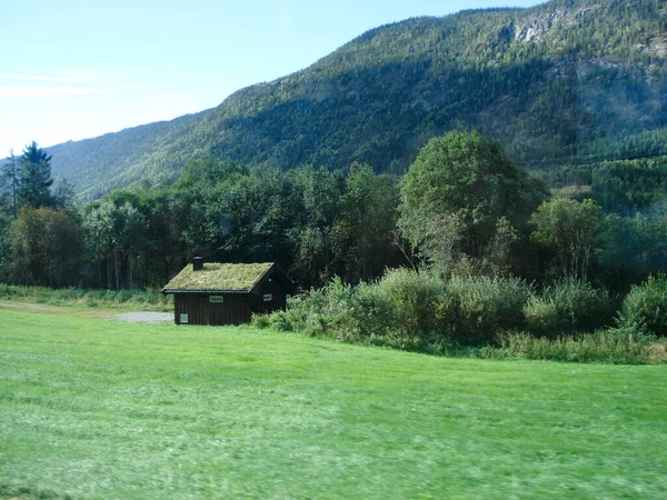 Casa Norueguesa Com Grama Telhado Casa Fundo Montanhas Verdes Sem — Fotografia de Stock