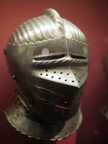 Medieval knight helmet, museum exposition, close-up