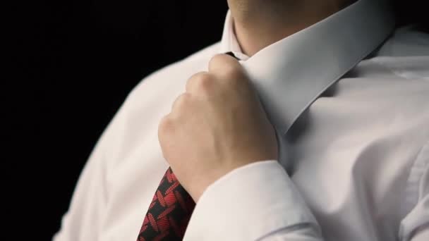 Man White Shirt Tightens Tie His Neck Close Hands Indoors — Stock Video