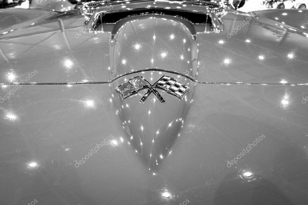 MAASTRICHT, NETHERLANDS - JANUARY 15, 2016: Detail and emblem of the sports car Chevrolet Corvette C2 