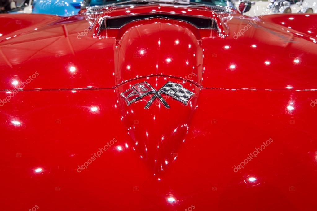 MAASTRICHT, NETHERLANDS - JANUARY 15, 2016: Detail and emblem of the sports car Chevrolet Corvette C2 