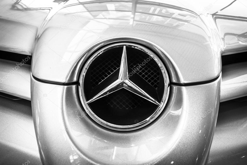 STUTTGART, GERMANY - MARCH 17, 2016: Fragment of a grand tourer car Mercedes-Benz SLR McLaren, 2006. Black and white. Europe's greatest classic car exhibition 