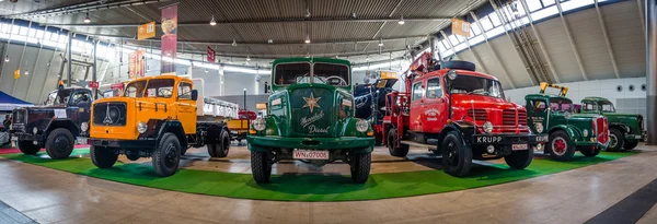 Vista panorámica de los camiones pesados de varias marcas y modelos . — Foto de Stock