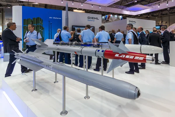 The stand of Diehl Defence. Models of military missiles AIM-2000 IRIS-T and Laser-Guided Sidewinder (LaGS) — Stock Photo, Image
