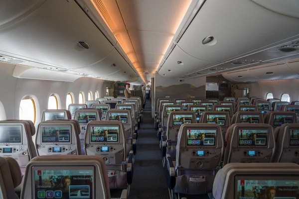 Interior of an economy class of the world's largest aircraft Airbus A380. Emirates Airline. — Stock Photo, Image