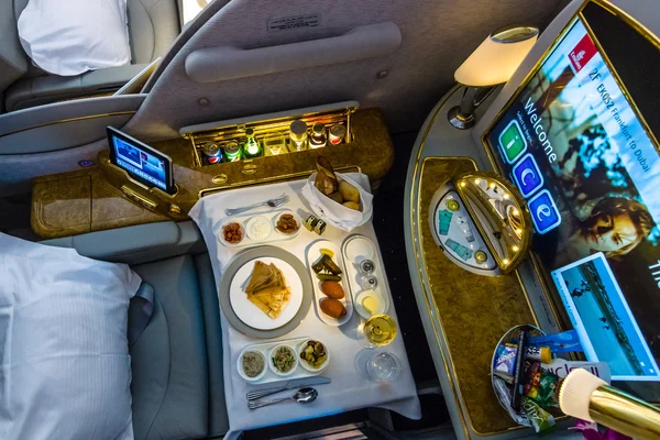 Passenger's menu of first class of the world's largest aircraft Airbus A380. Emirates Airline. — Stock Photo, Image