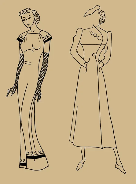 Vintage main dessinée. Vêtements pour femmes des années 30. Illustration rétro dans un style de gravure antique . — Image vectorielle