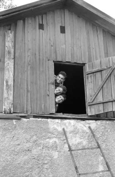 3 人の兵士の屋根裏部屋の屋根から外を見る。フィルムのスキャン。大粒 — ストック写真
