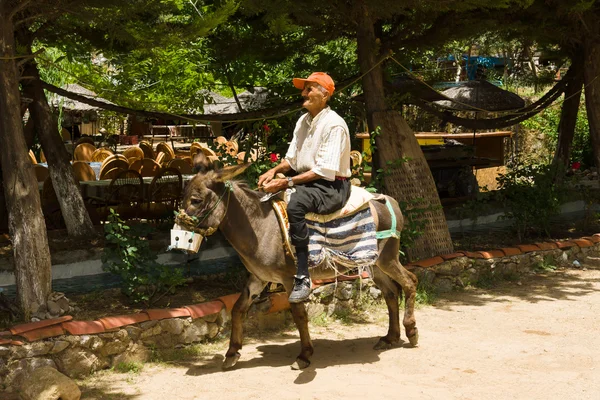 Village resident entertains tourists riding on a donkey — Stock Photo, Image
