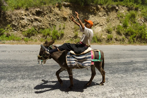 Village resident entertains tourists riding on a donkey — Stock Photo, Image