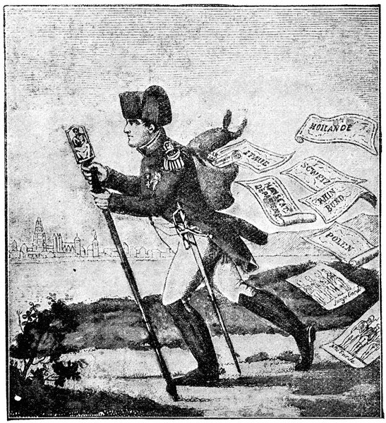 Karykatura Napoleona, w 1813, "Le petit courrier du Rhin". Publikacja książki "Wieku w tekst i obrazki", Berlin, Niemcy, 1899 — Zdjęcie stockowe