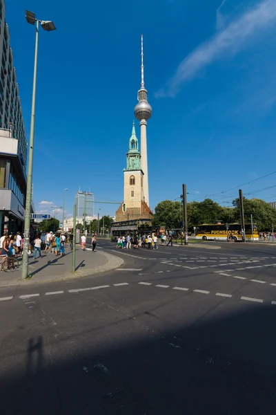 City landscape. In the background, the Berlin TV Tower and St. Mary's Church (Marienkirche) — Stock Photo, Image