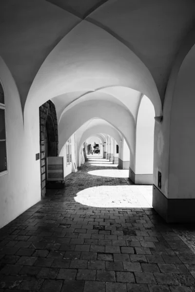 The streets of the old town. District Mala Strana - Lesser Town of Prague. Black and white. Prague is the capital and largest city of the Czech Republic. — Stock Photo, Image