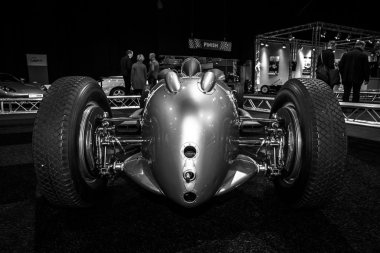 The Grand Prix racing car Auto Union Type A, 1934. Rear view. Black and white clipart