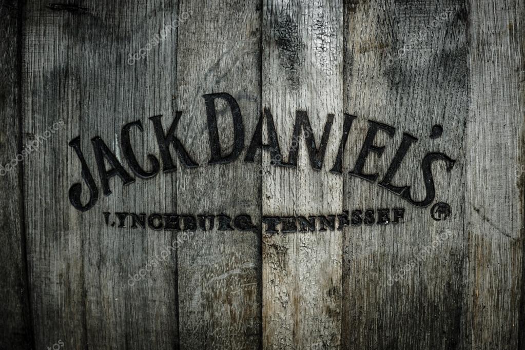 BERLIN - MAY 01, 2015: Burned logo of the famous Jack Daniels whiskey at the old wooden barrel.