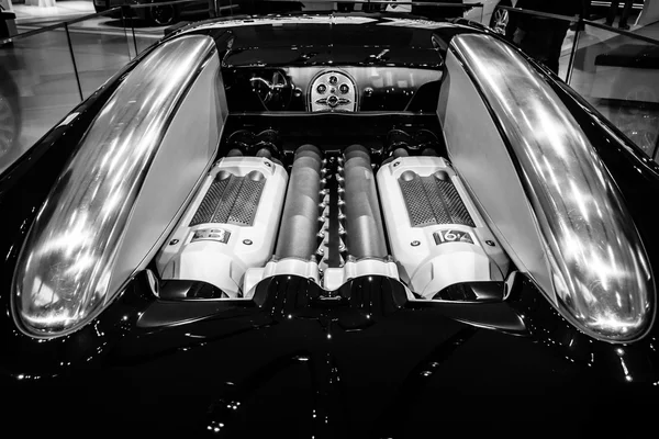 Engine of a supercar Bugatti Veyron EB 16.4. Fastest serial car in the world. Royalty Free Stock Images