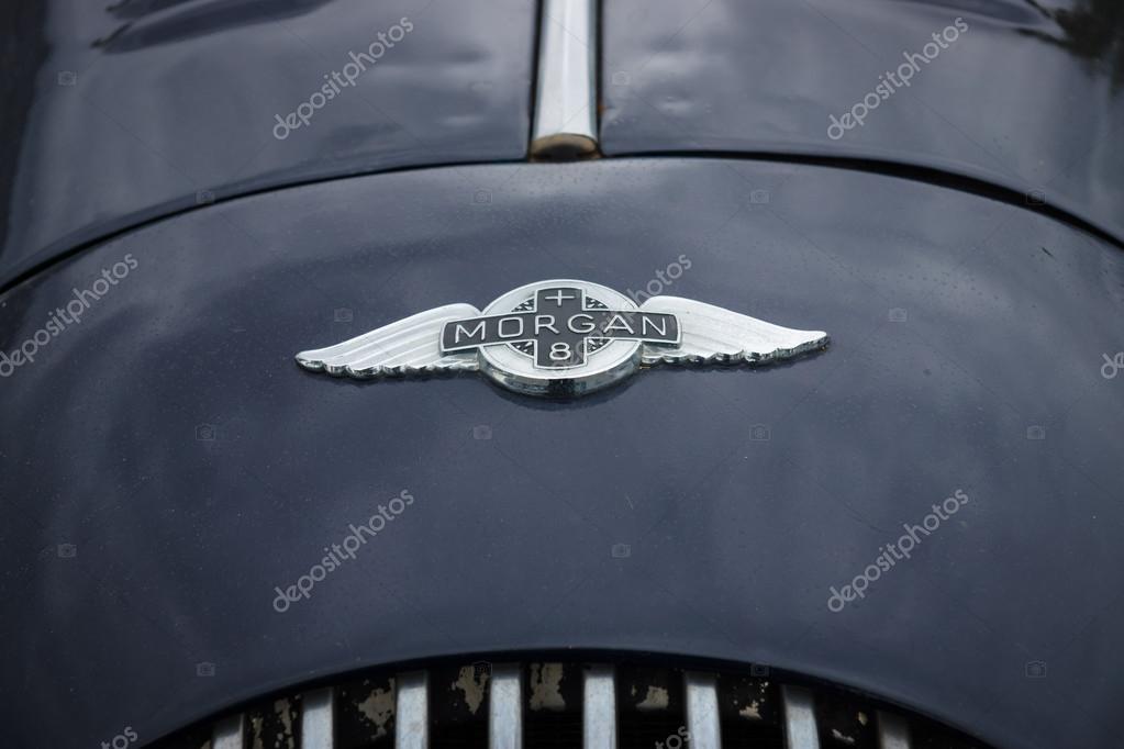 BERLIN - MAY 10, 2015: Emblem of a sports car Morgan Plus 8. 28th Berlin-Brandenburg Oldtimer Day