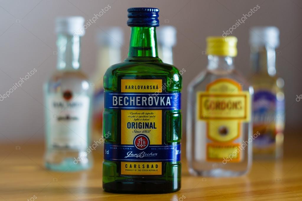 BERLIN - JUNE 03, 2015: A bottle of Becherovka. Becherovka is a herbal bitters, often drunk as a digestive aid that is produced in Karlovy Vary, Czech Republic.