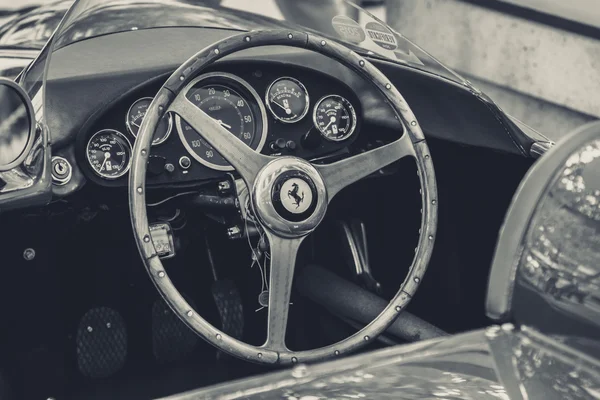 Cockpit of a sports car Ferrari 500 TR, 1956. Black and white. Stylization. The Classic Days on Kurfuerstendamm. — ストック写真