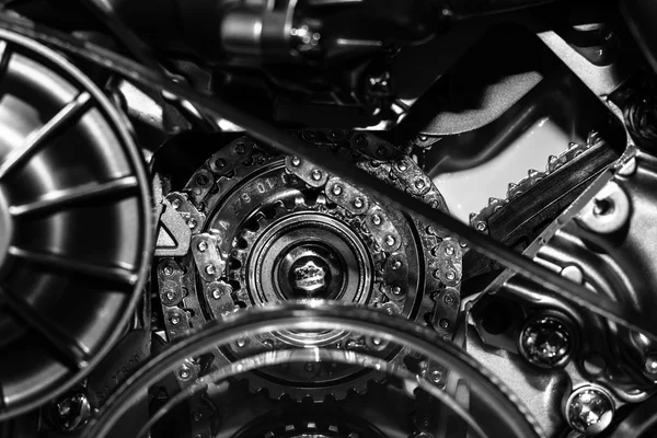 Detail of the engine. Close-up. Black and white. — Stock Photo, Image