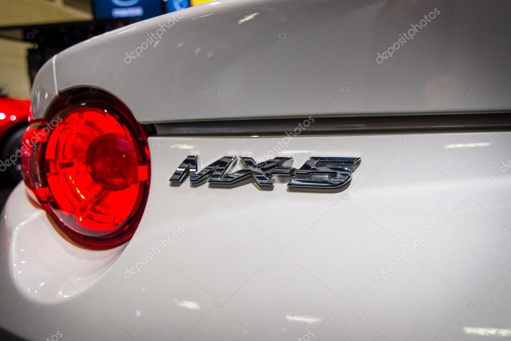 BERLIN - SEPTEMBER 04, 2015: Fragment of a roadster Mazda MX-5. Rear view.International radio exhibition Berlin (IFA2015).