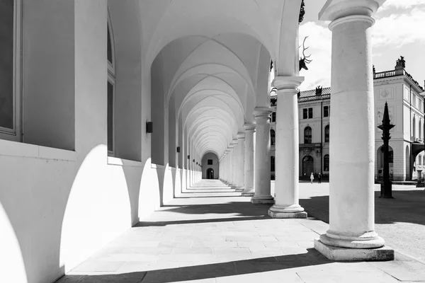 Stallhof es parte del Castillo de Dresde. Alemania. Blanco y negro. En el siglo XVII y sirvió como un lugar para grandes espectáculos de caballos . — Foto de Stock