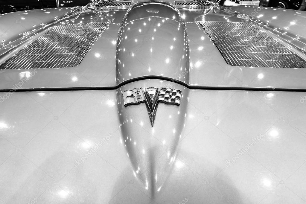 MAASTRICHT, NETHERLANDS - JANUARY 15, 2016: Detail and emblem of the sports car Chevrolet Corvette C2 