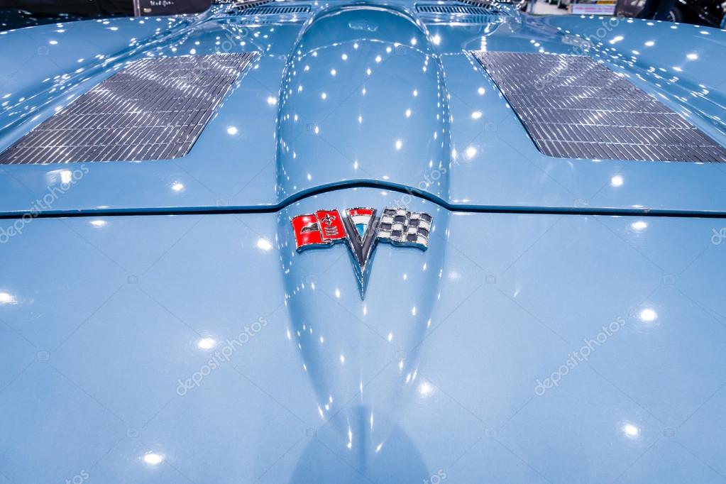 MAASTRICHT, NETHERLANDS - JANUARY 15, 2016: Detail and emblem of the sports car Chevrolet Corvette C2 