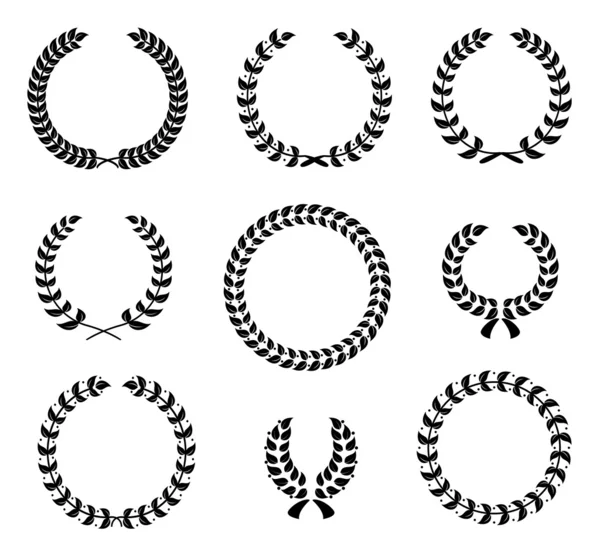 Conjunto de coronas de laurel circulares silueta — Vector de stock