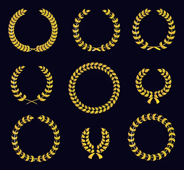 Conjunto de coronas de laurel circulares silueta — Vector de stock