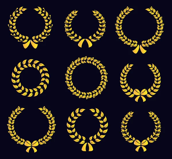 Conjunto de coronas de laurel circulares silueta — Vector de stock